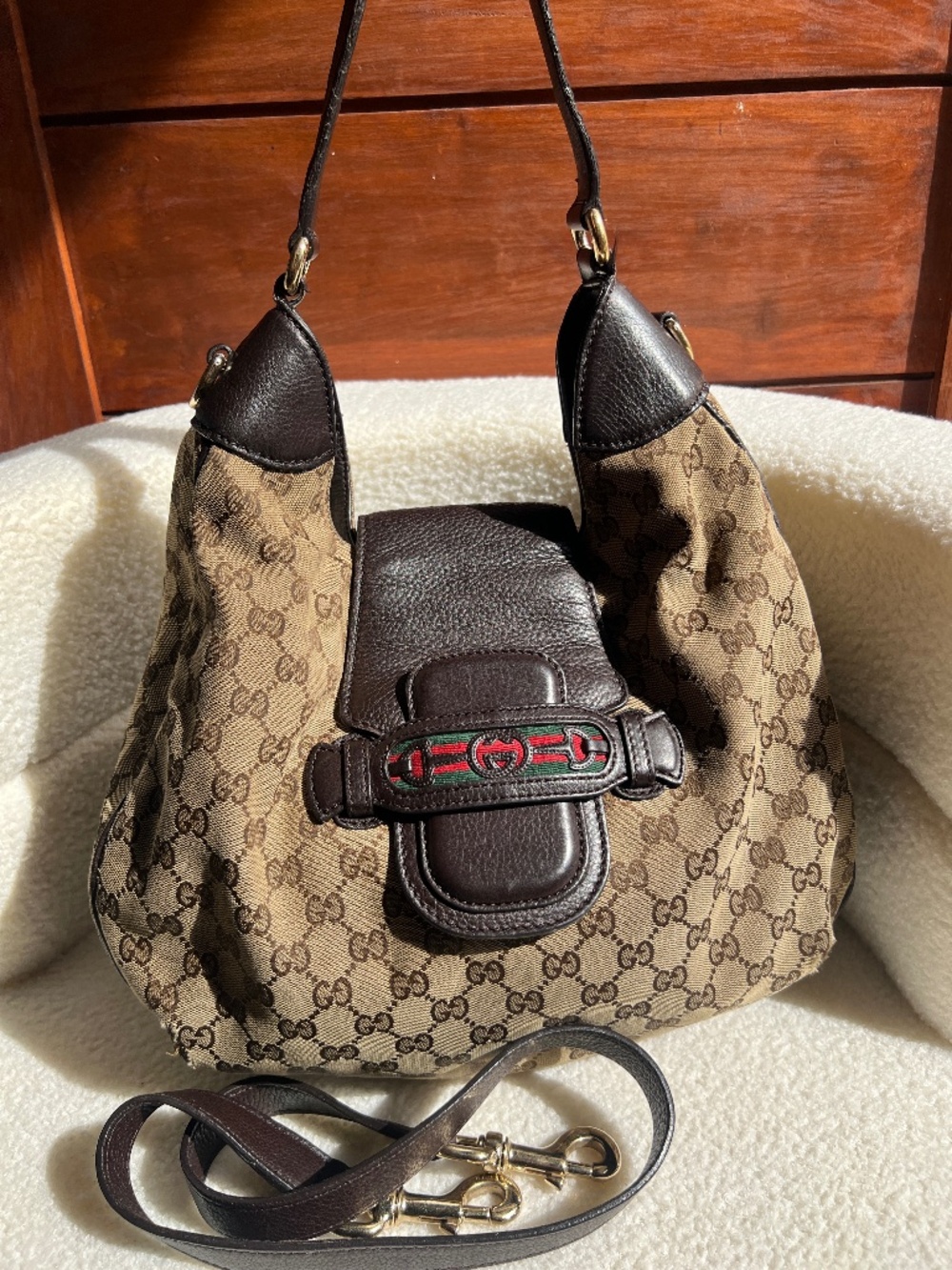 GUCCI Beige/Ebony GG Canvas Dressage Hobo Bag